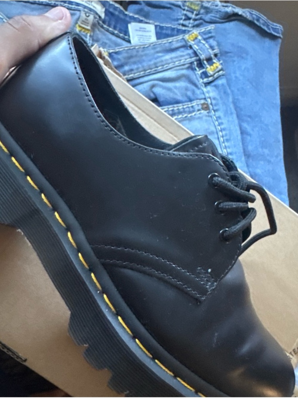 Dr. Martens Black Leather Platform Shoe with Yellow Stitching